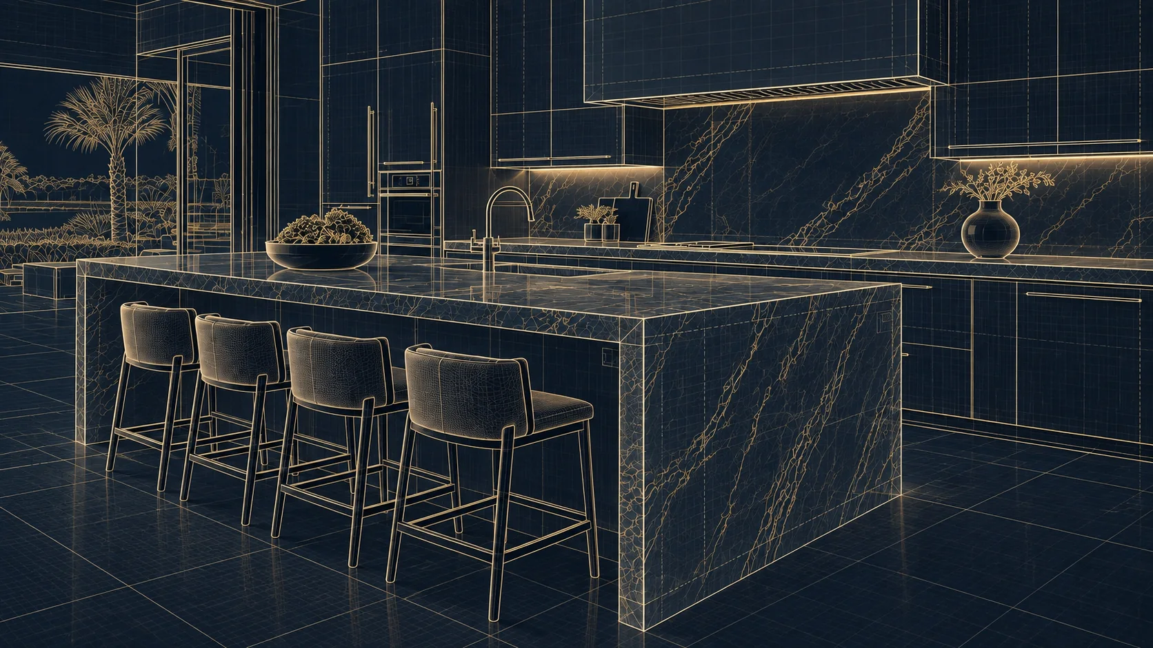 Blueprint-style kitchen drawn in champagne lines