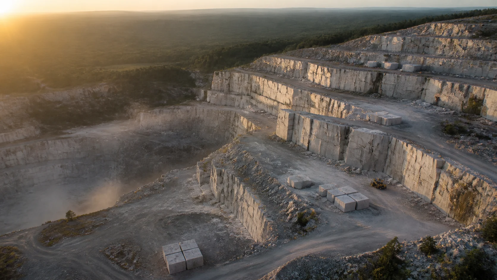 Aerial view of a marble quarry at golden hour