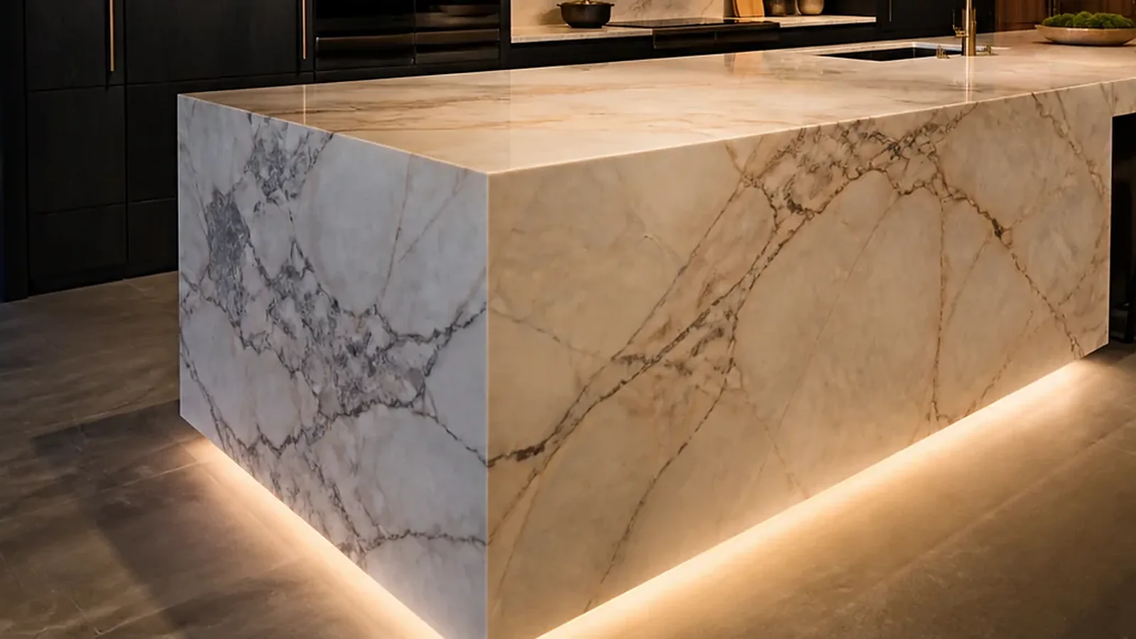 A monolithic stone volume floating over a line of warm light